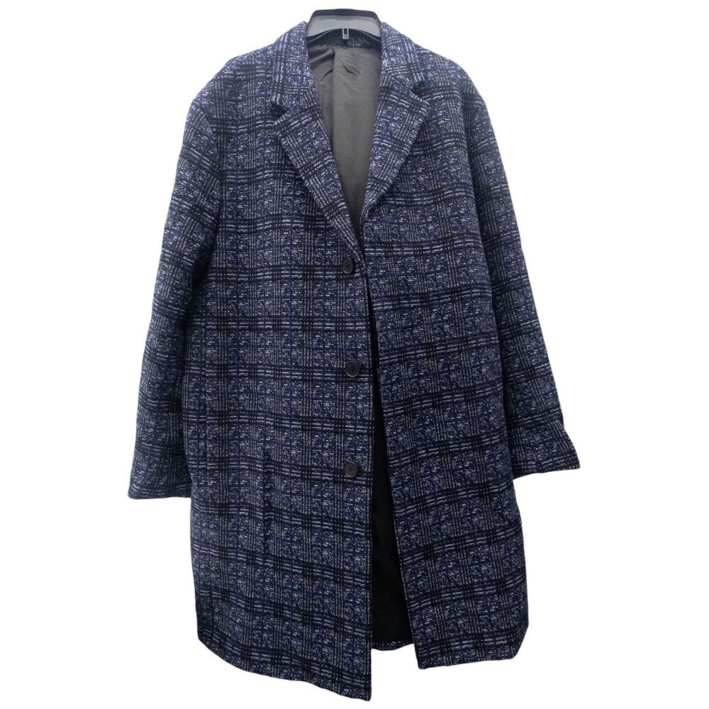 Theory Suffolk Wool Blend Overcoat Men's XL Blue Multi Jacquard Plaid Topcoat